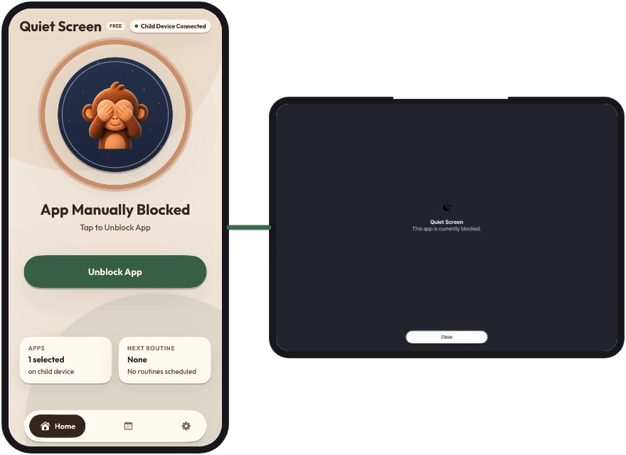 The parent’s phone showing App Manually Blocked with an Unblock App button, paired to the child’s tablet whose screen has gone dark.