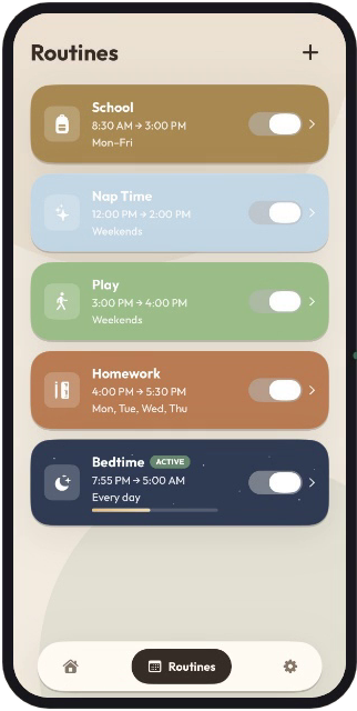 The Routines screen in Quiet Screen Plus listing School, Nap Time, Play, Homework and an active Bedtime routine, each with its own schedule and switch.